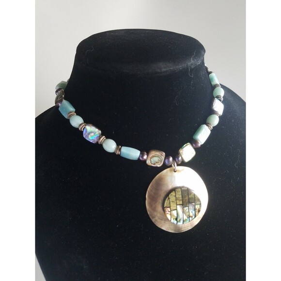 HAND MADE ABALONE PEARLS LIGHT BLUE STONE SILVER TONE NECKLACE 15" gorgeous - Picture 3 of 11